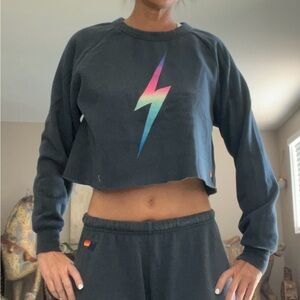 Aviator Nation Cropped Crewneck Sweatshirt (Charcoal Grey) w/ Rainbow Pink Bolt